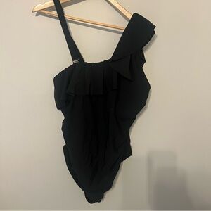 Black One Shoulder Ruffle One Piece Swimsuit 20W Plus